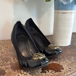 Tory Burch Black and Gold Heels with Signature Medallion